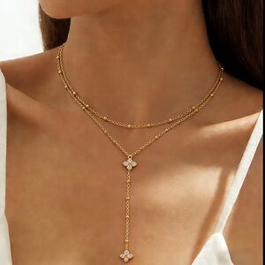 Gold Clover Layered Lariat Necklace CZ Drop Double Chain Y Necklace